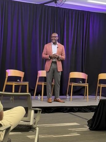 Allyn Shaw speaking on a leadership panel